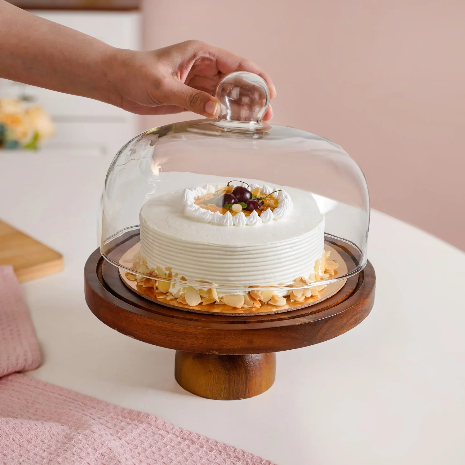 Pedestal Acacia Wood Cake Stand With Cloche 22cm - Image 2