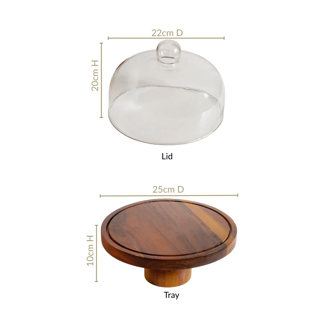Pedestal Acacia Wood Cake Stand With Cloche 22cm - Image 3