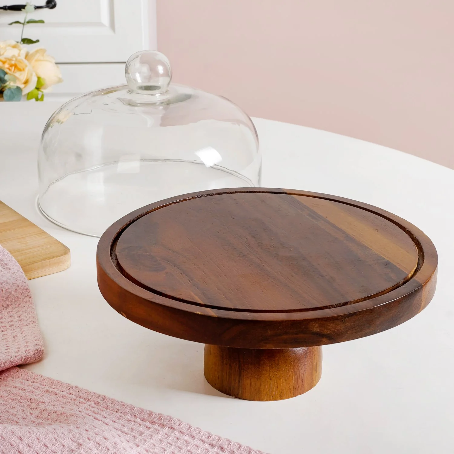 Pedestal Acacia Wood Cake Stand With Cloche 22cm - Image 5