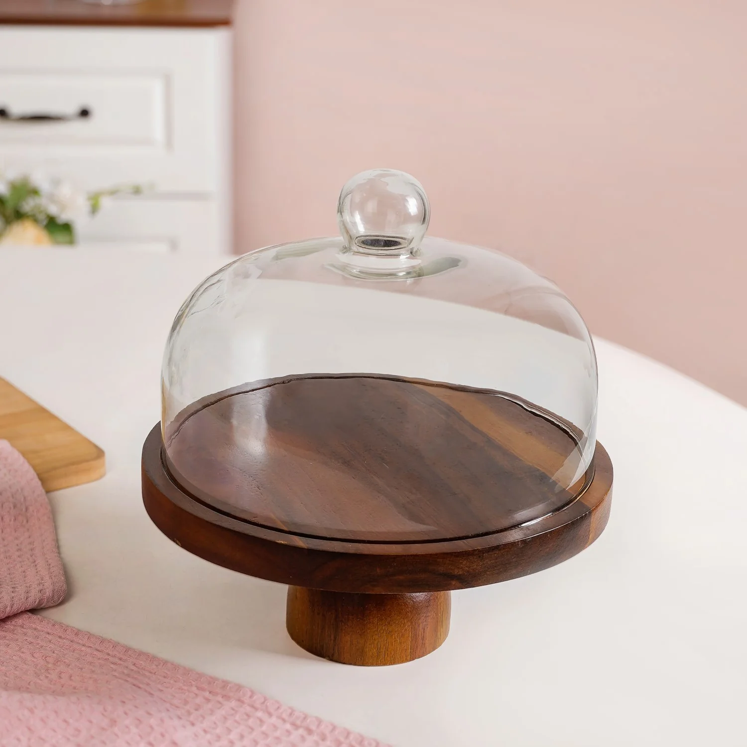 Pedestal Acacia Wood Cake Stand With Cloche 22cm - Image 9