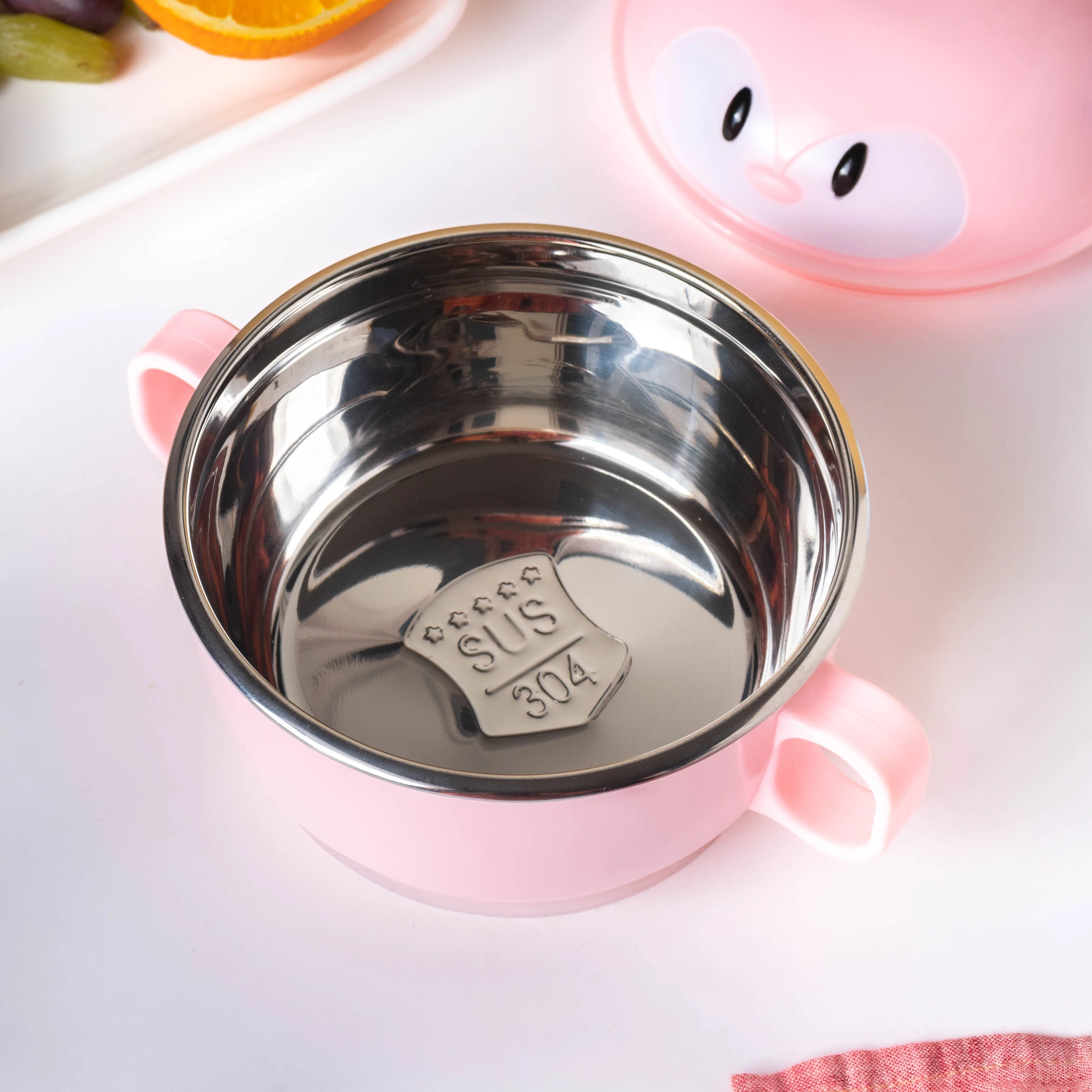 Penguin Feeding Steel Bowl With Anti-Slip Base Pink 400 ml - Image 4