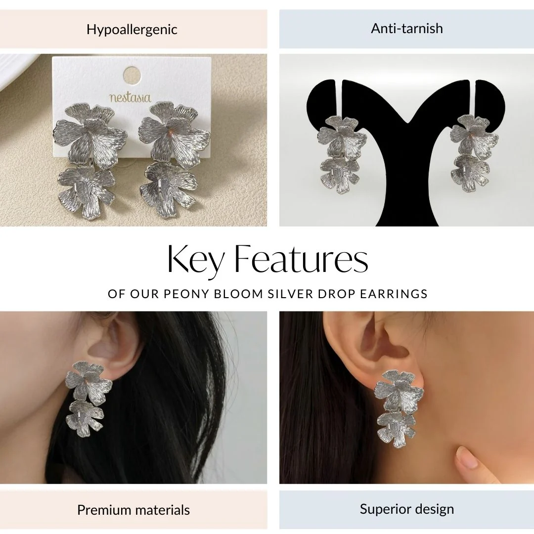 Peony Bloom Silver Drop Earrings - Image 4