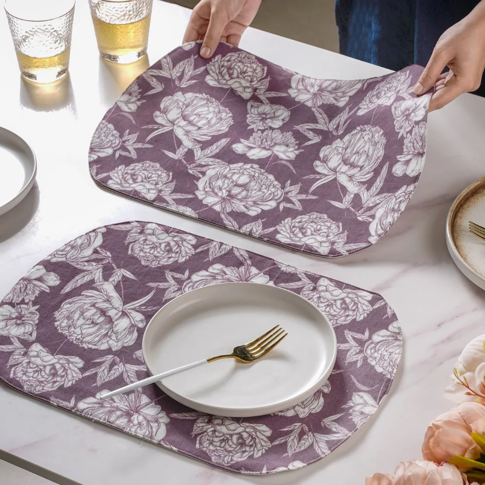 Peony Purple Printed Cotton Table Mat Set Of 2 - Image 3