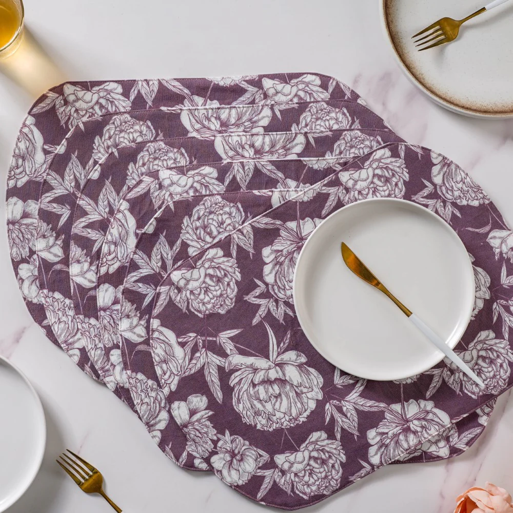 Peony Purple Printed Cotton Table Mat Set Of 6 - Image 4