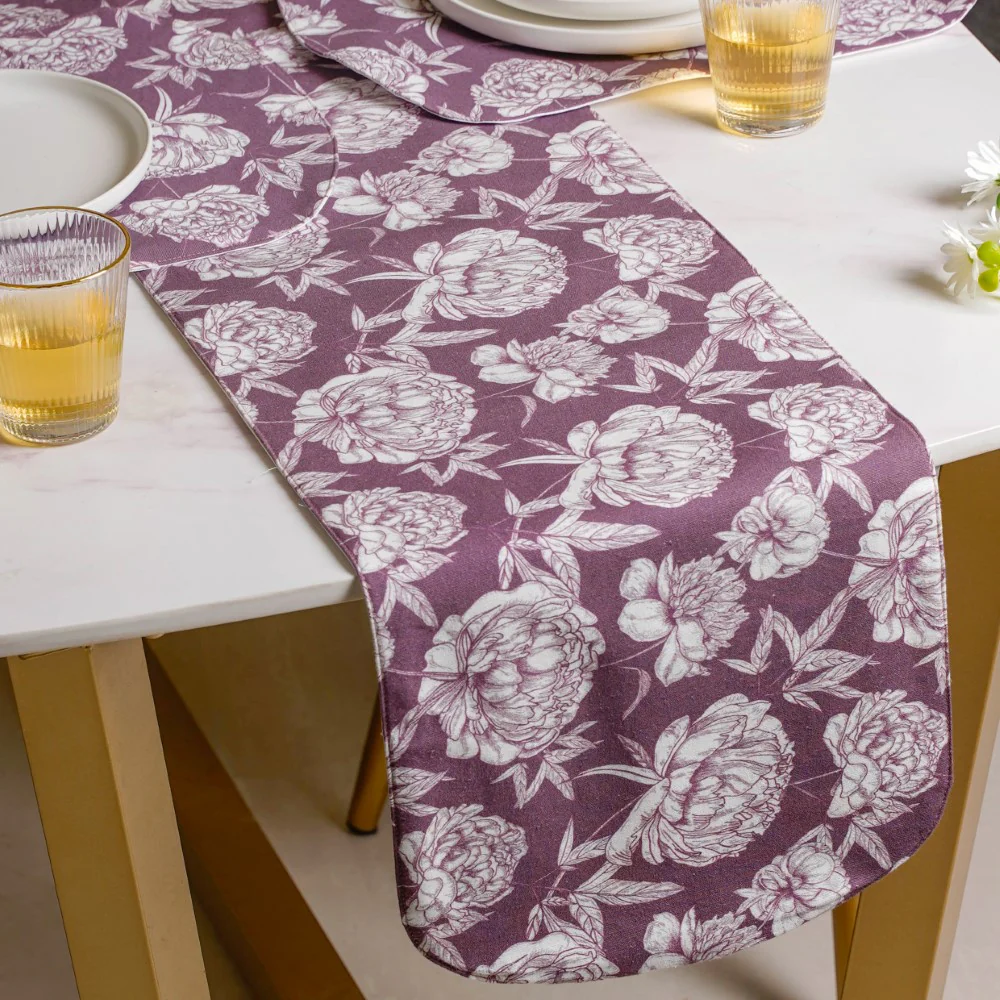 Peony Purple Printed Cotton Table Runner For 6 Seater - Image 2