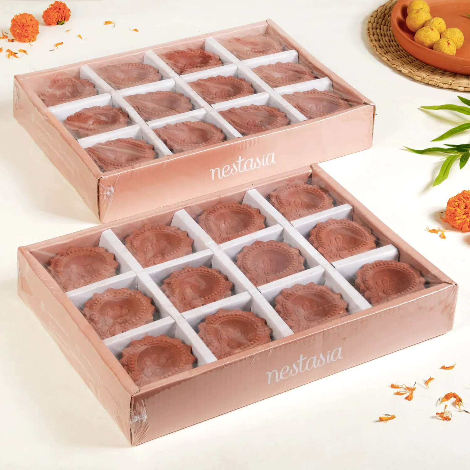 Petal Bordered Pure Terracotta Diyas Set Of 48 - Image 7