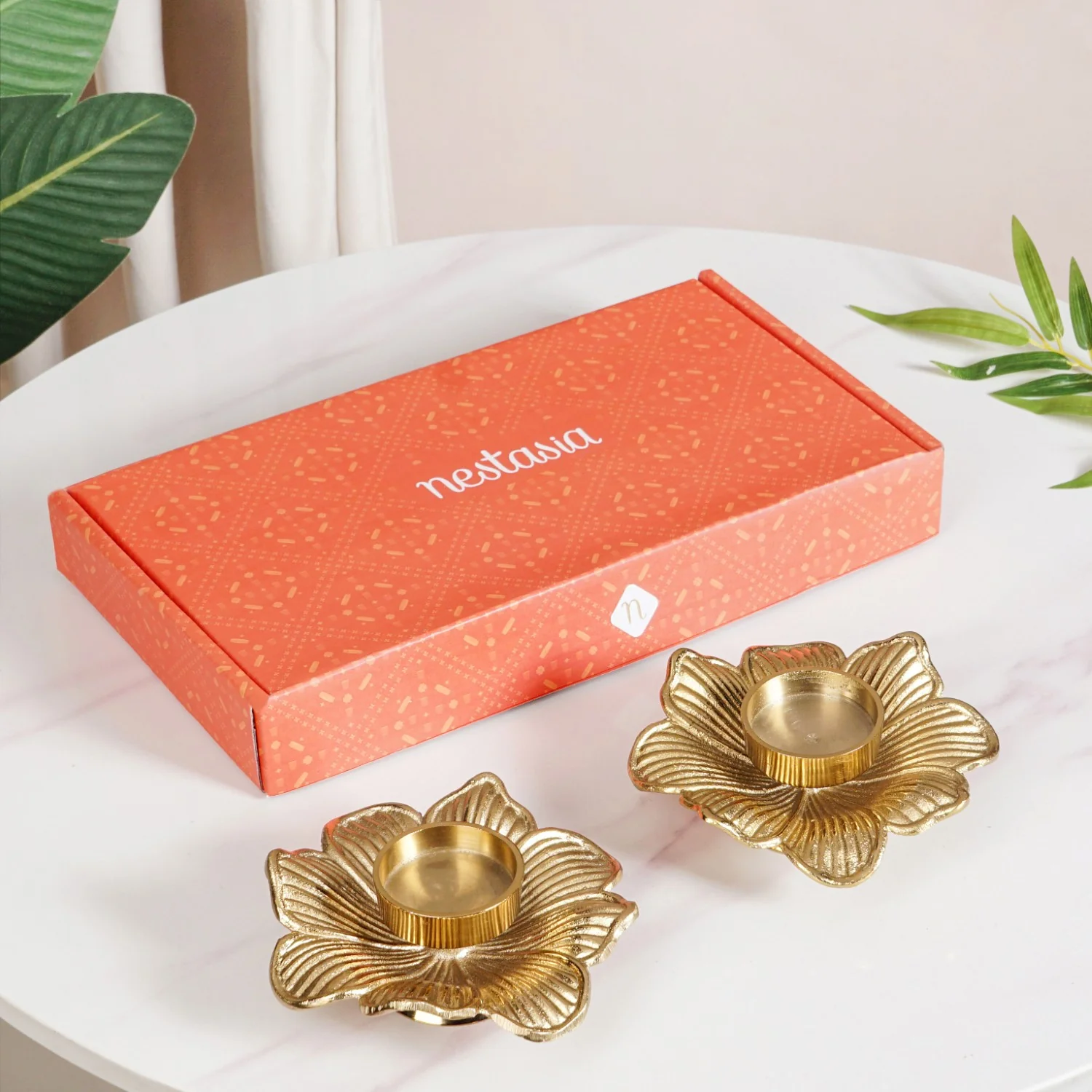 Petal Radiance Aluminium Tealight Candle Holder Set Of 2 In Festive Gift Box