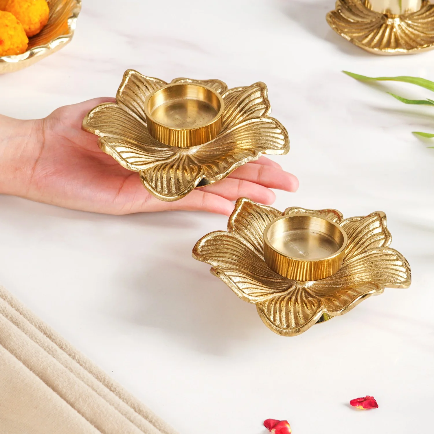Petal Radiance Aluminium Tealight Candle Holder Set Of 2 In Festive Gift Box - Image 2