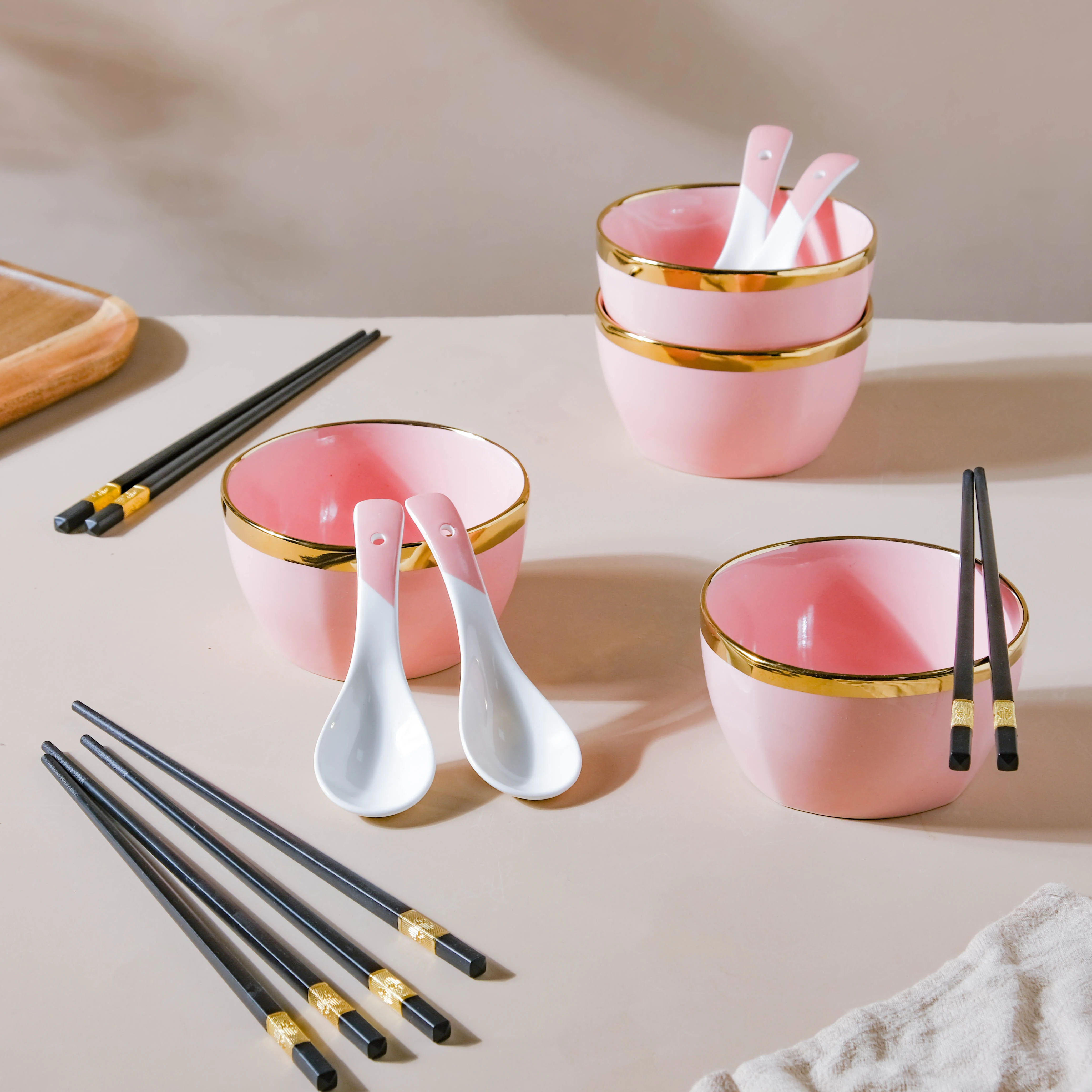 Petunia Pink Snack Bowl Set Of 4 With Chopsticks And Soup Spoons - Image 10