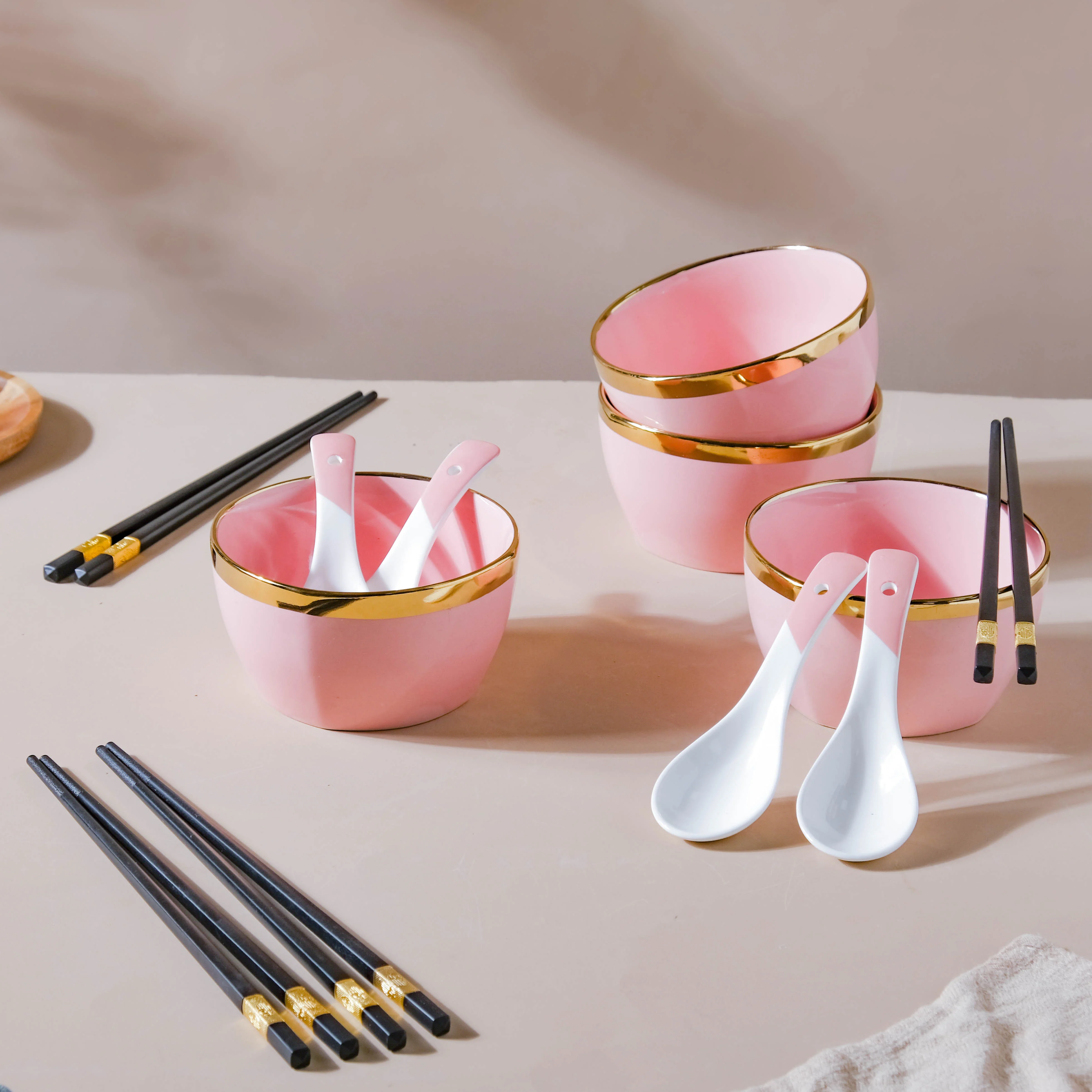 Petunia Pink Snack Bowl Set Of 4 With Chopsticks And Soup Spoons - Image 9