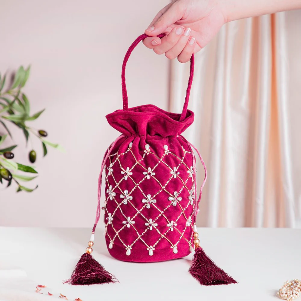 Phulvari Velvet Potli Bag Maroon - Image 4