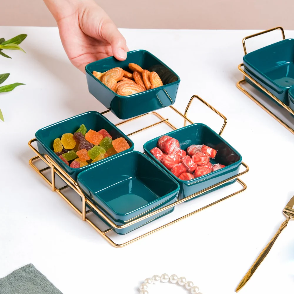 Pine Green Glossy Ceramic Bowls And Tray Set Of 5 200ml - Image 4