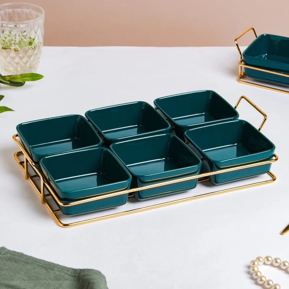 Pine Green Glossy Ceramic Bowls And Tray Set Of 7 200ml - Image 4