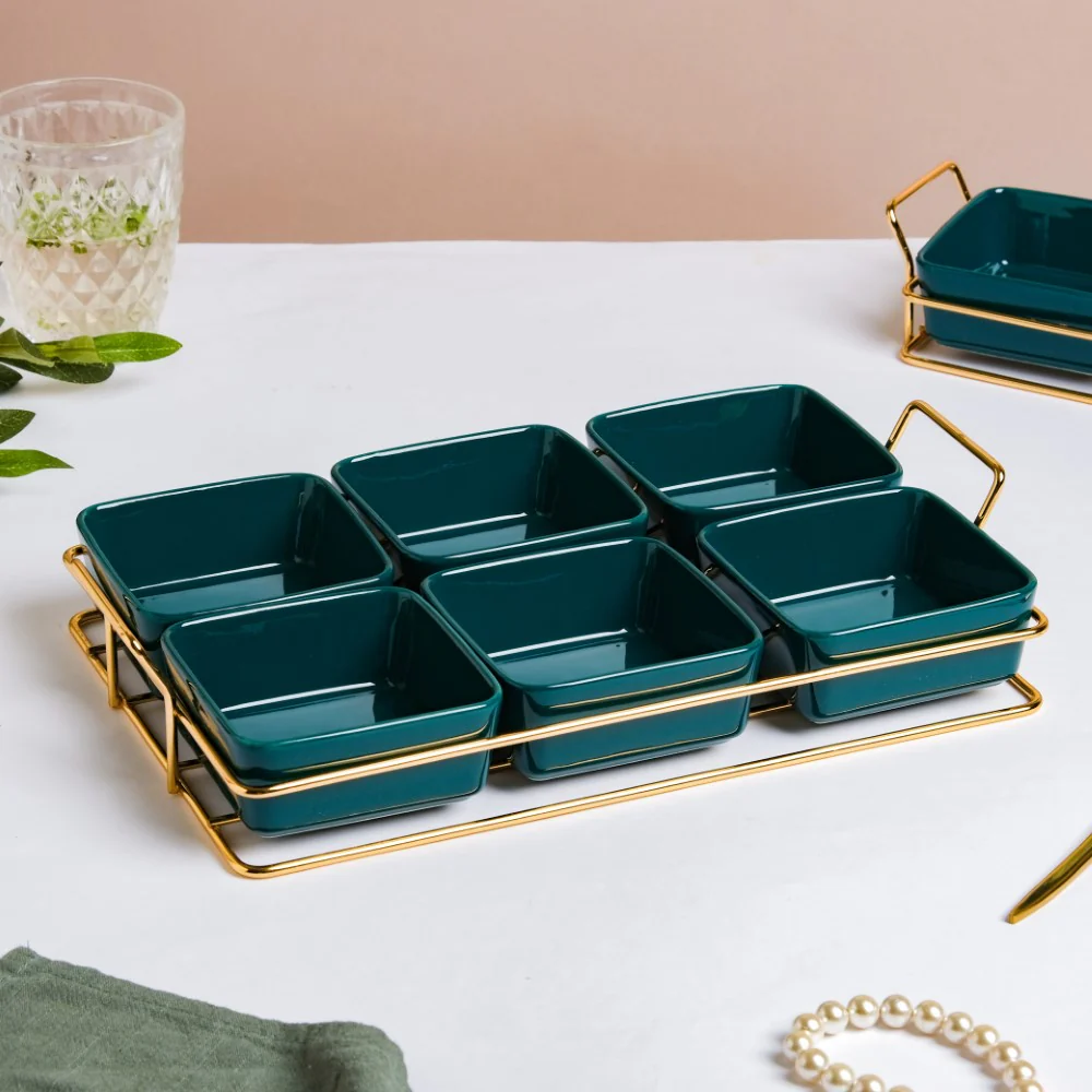 Pine Green Glossy Ceramic Bowls And Tray Set Of 7 200ml - Image 6