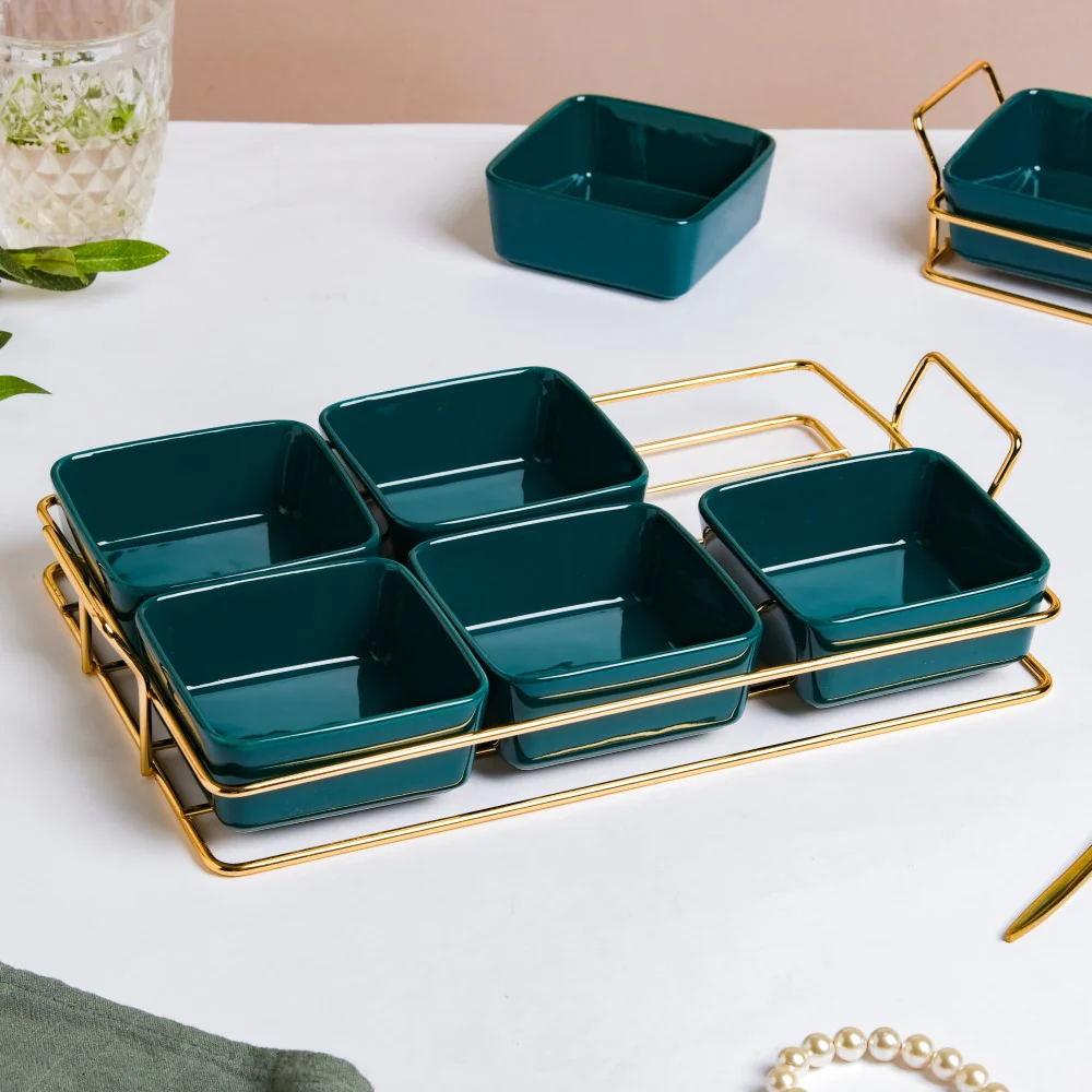 Pine Green Glossy Ceramic Bowls And Tray Set Of 7 200ml - Image 7