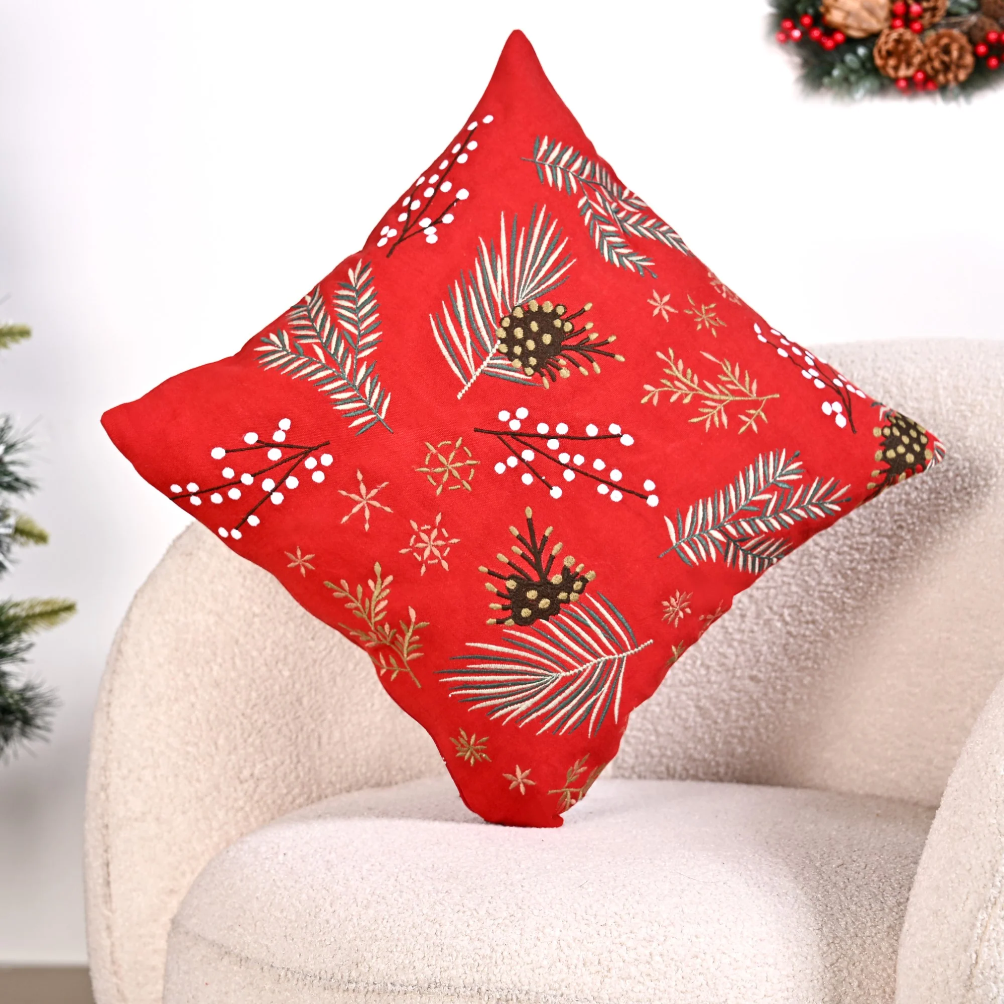 Pine Leaves Bright Red Couch Cushion Cover 40x40cm - Image 2
