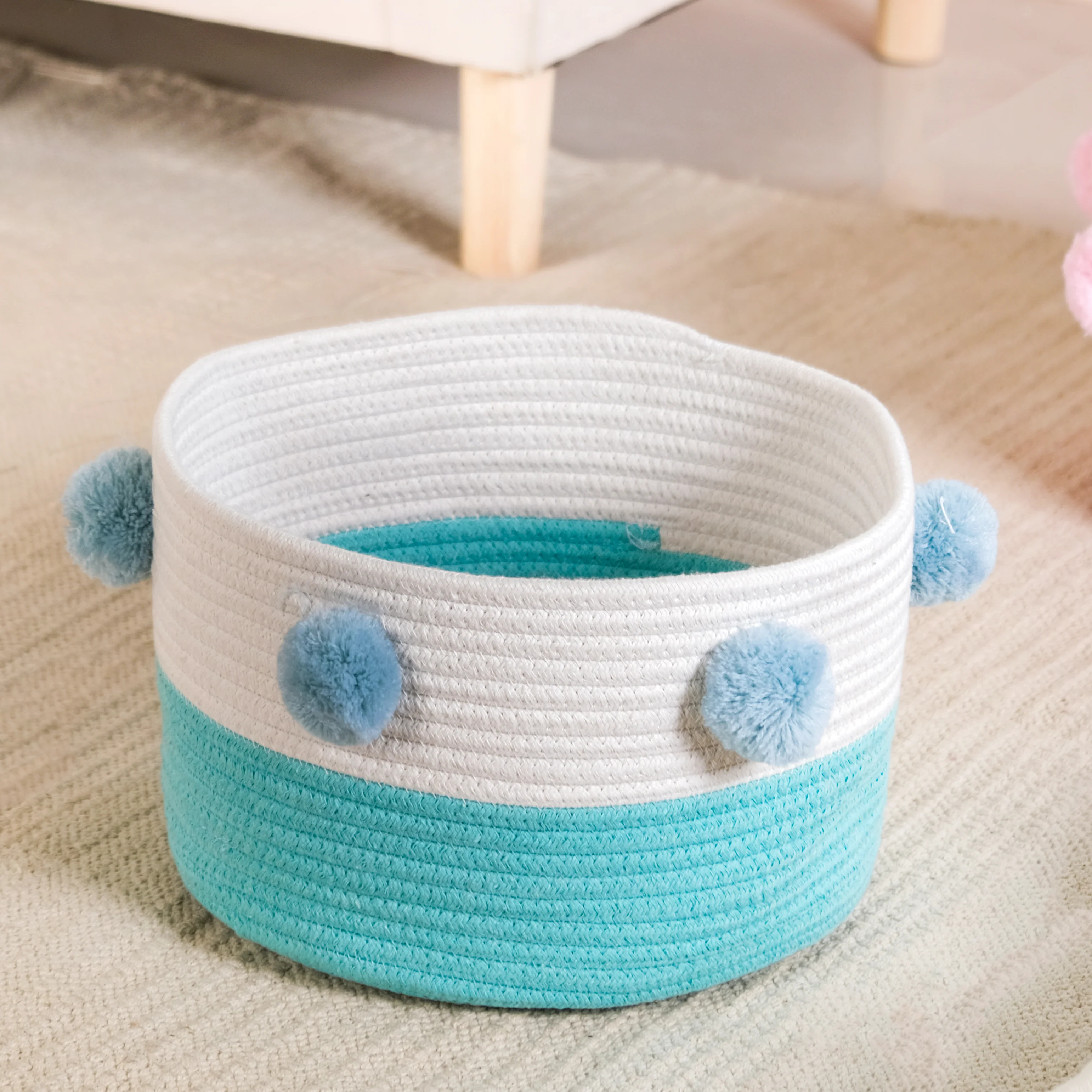 Pink And Mint Pom Pom Basket Set Of 2 18cm - Image 6