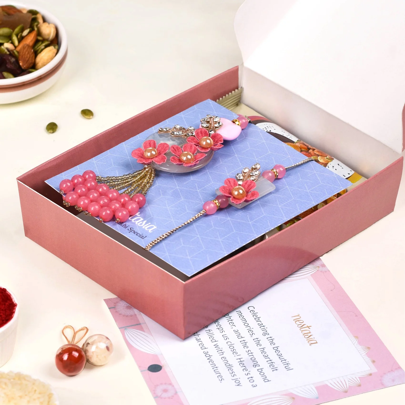 Pink Bloom Rakhi Lumba Gift Set Of 4 With Box And Card - Image 3