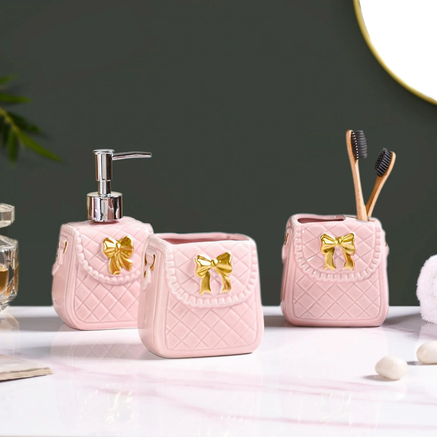 Pink Ceramic Bag Shaped Bath Set Of 3