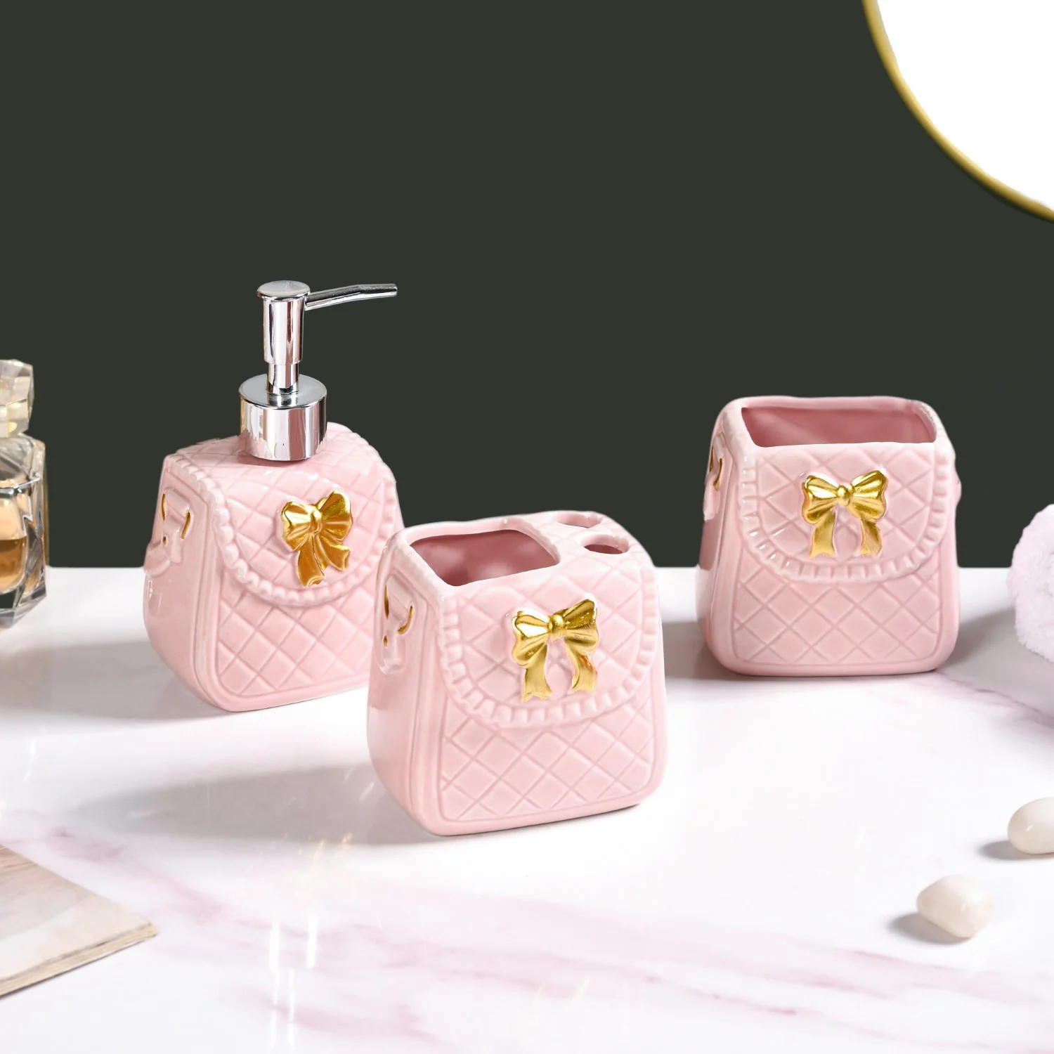 Pink Ceramic Bag Shaped Bath Set Of 3 - Image 11