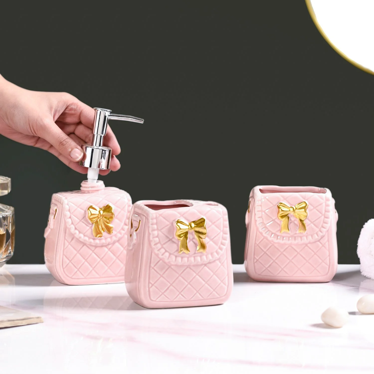 Pink Ceramic Bag Shaped Bath Set Of 3 - Image 2