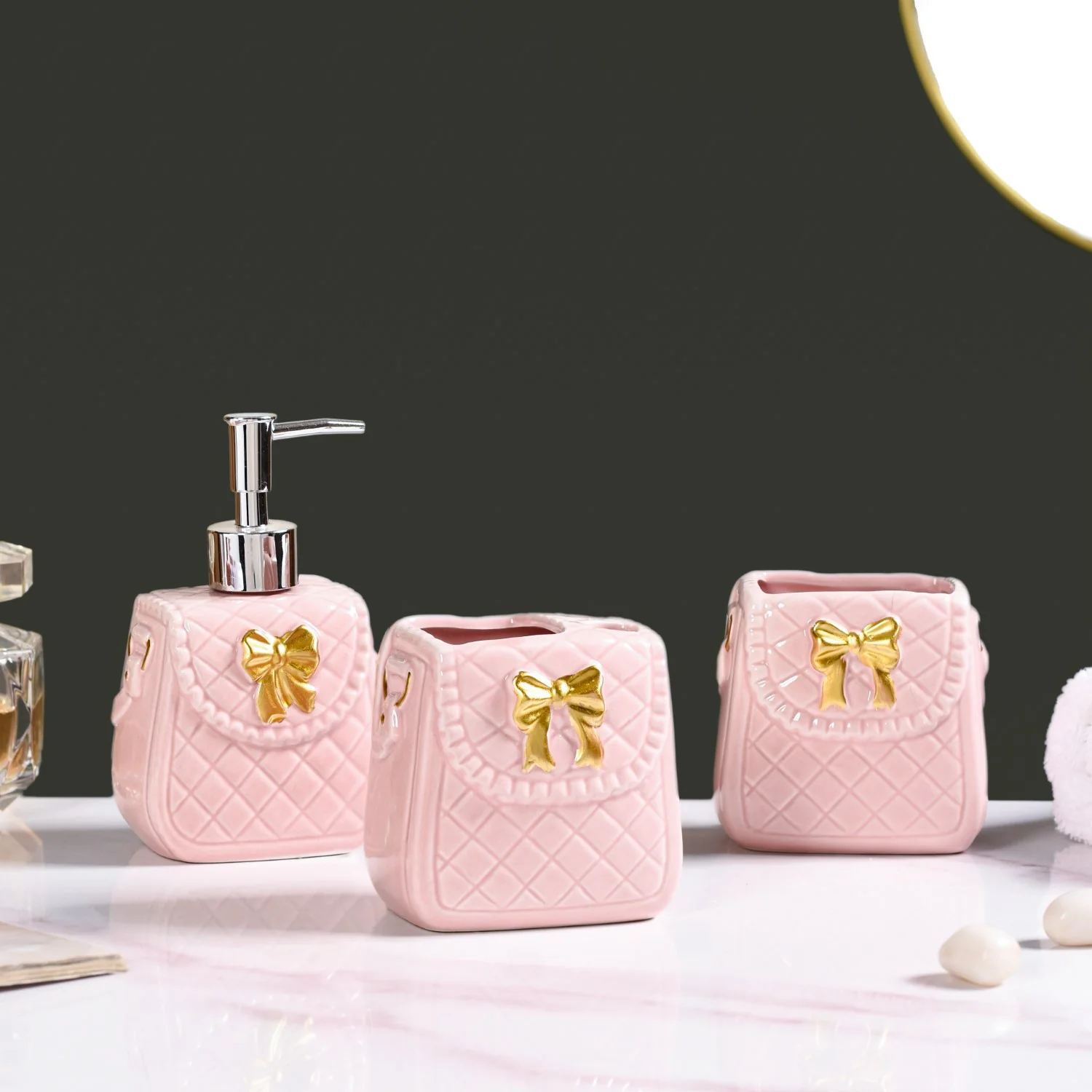 Pink Ceramic Bag Shaped Bath Set Of 3 - Image 3