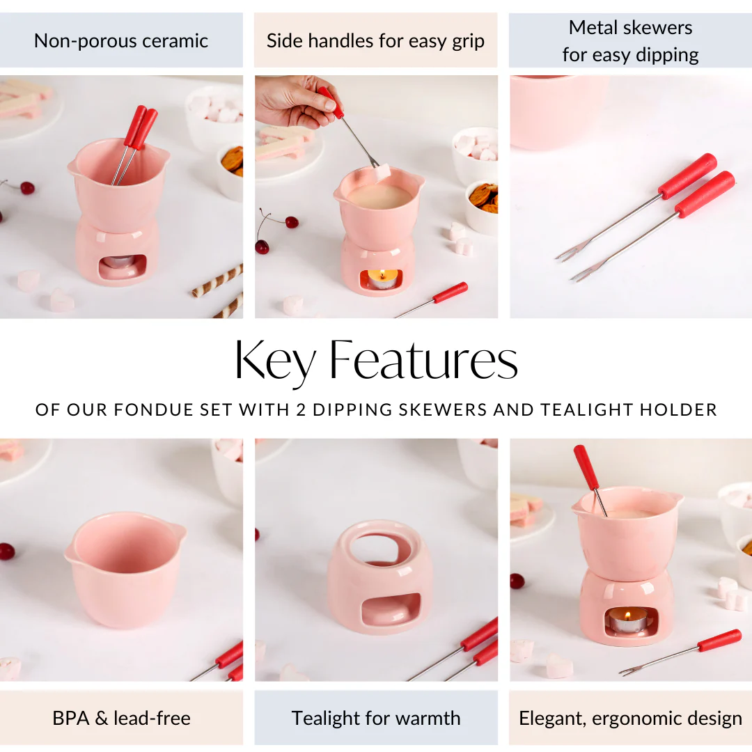 Pink Ceramic Fondue Set With 2 Dipping Skewers - Image 7