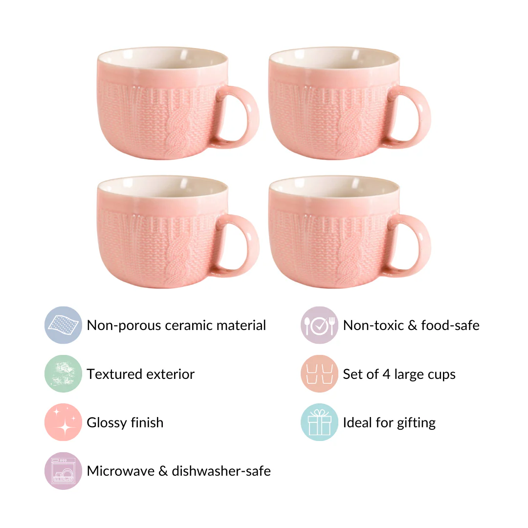 Pink Embossed Cappuccino Cup Set of 4 Large 490ml - Image 4