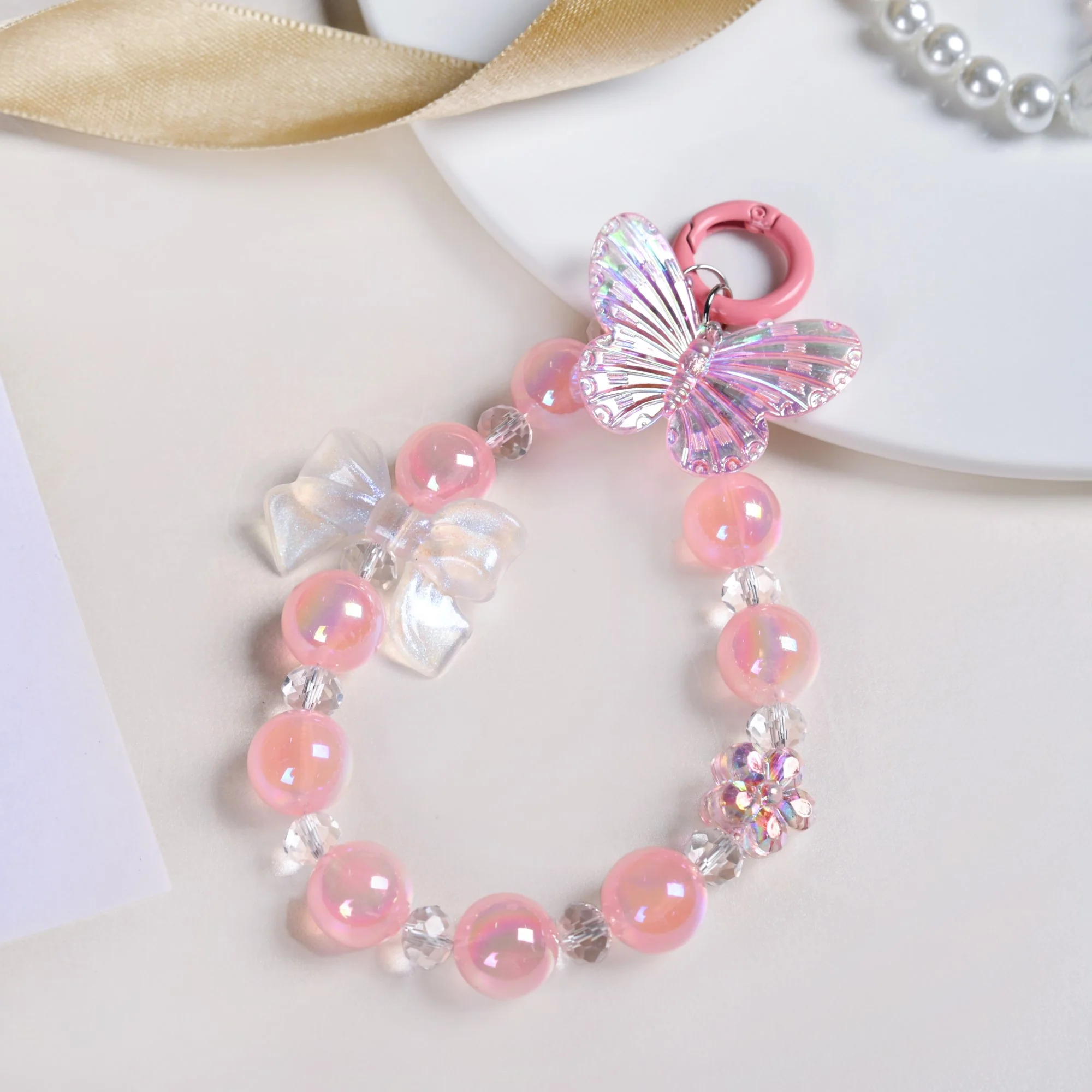 Pink Garden Charm Keyring With Beads
