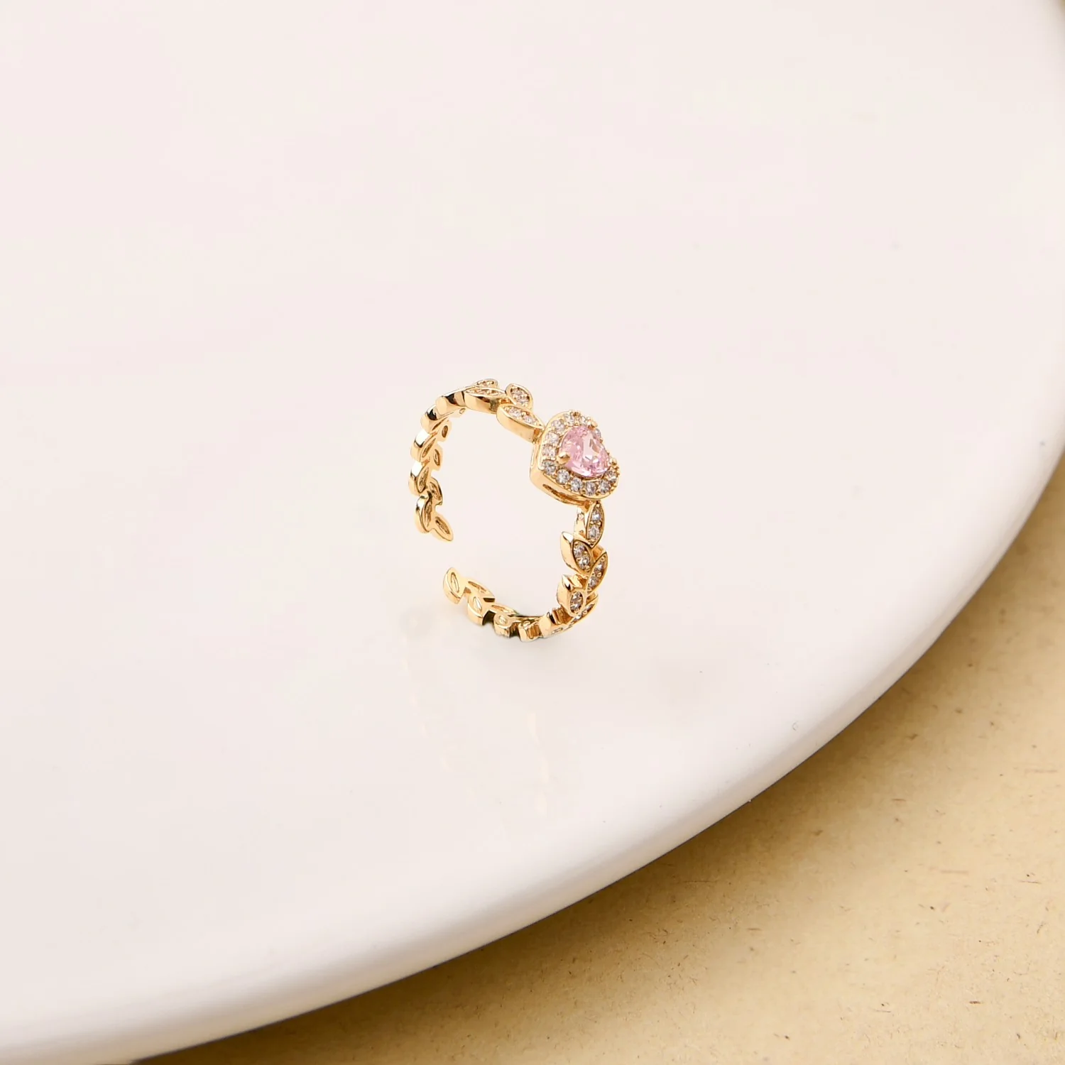 Pink Heart Laurel Wreath Gold Ring - Image 5