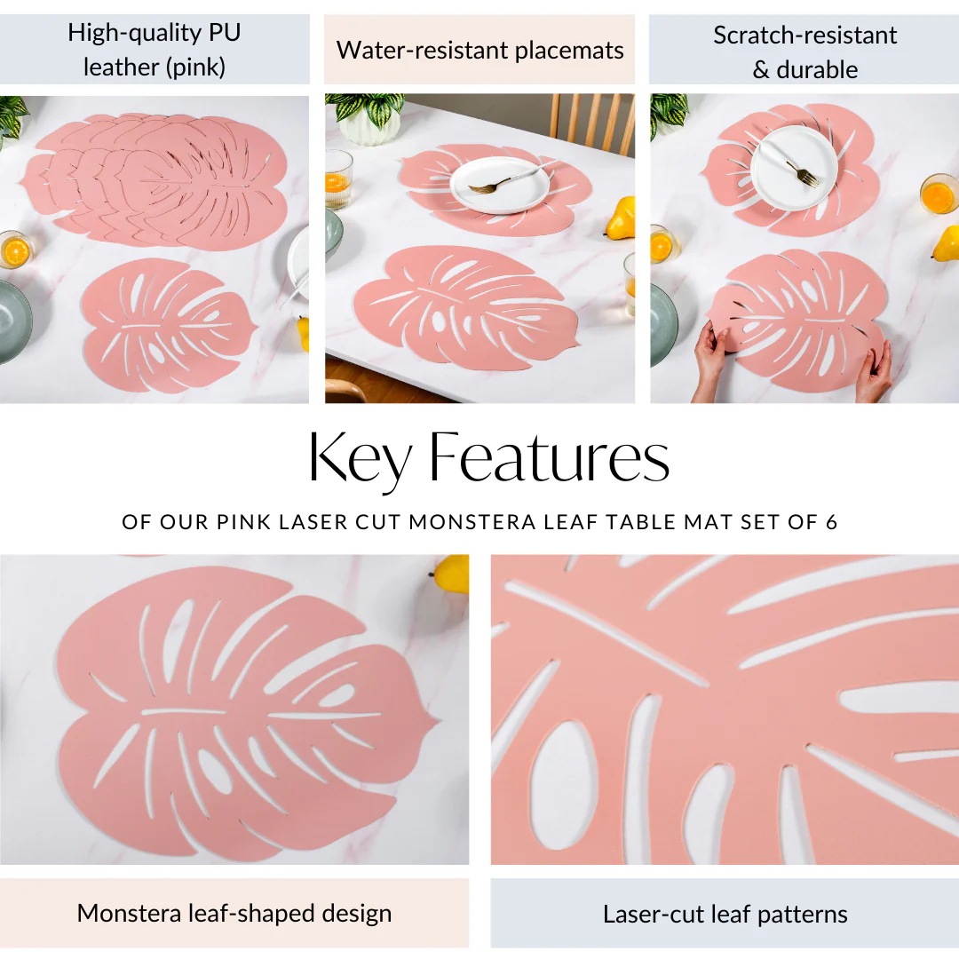 Pink Laser Cut Monstera Leaf Table Mat Set Of 6 - Image 5