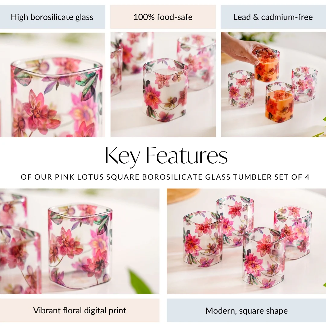 Pink Lotus Square Borosilicate Glass Tumbler Set Of 4 230ml - Image 5