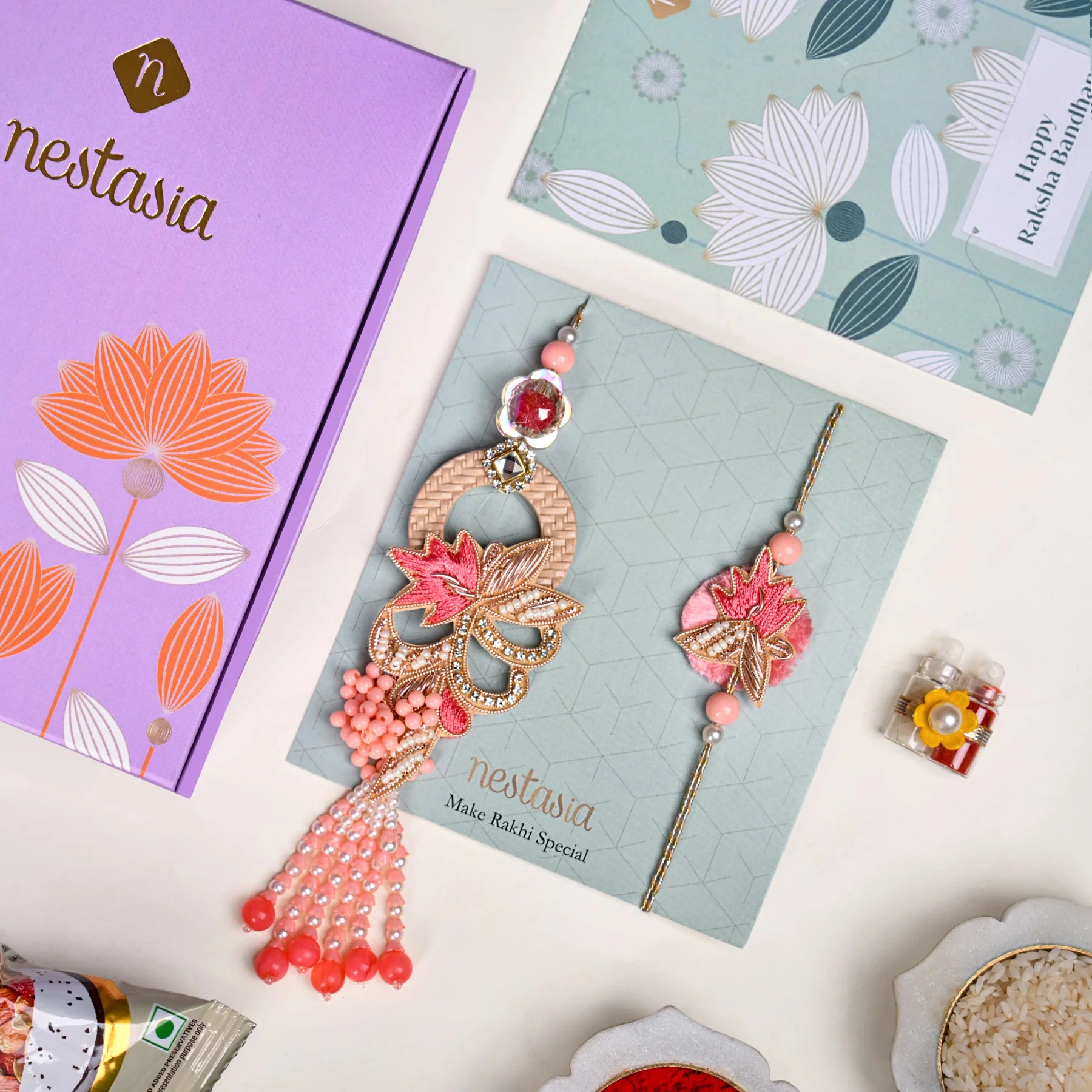 Pink Petal Rakhi Lumba Gift Set - Image 2