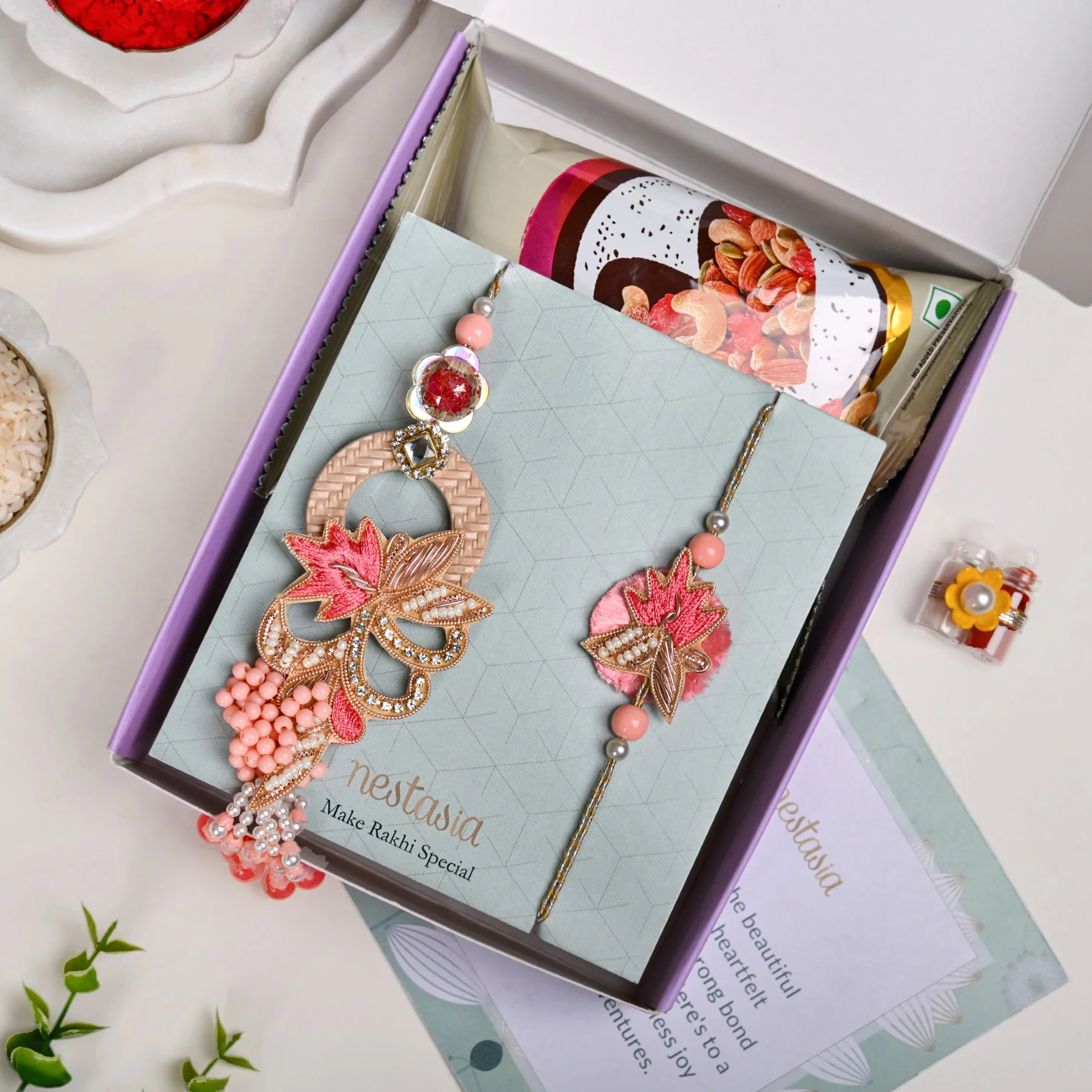 Pink Petal Rakhi Lumba Gift Set - Image 5