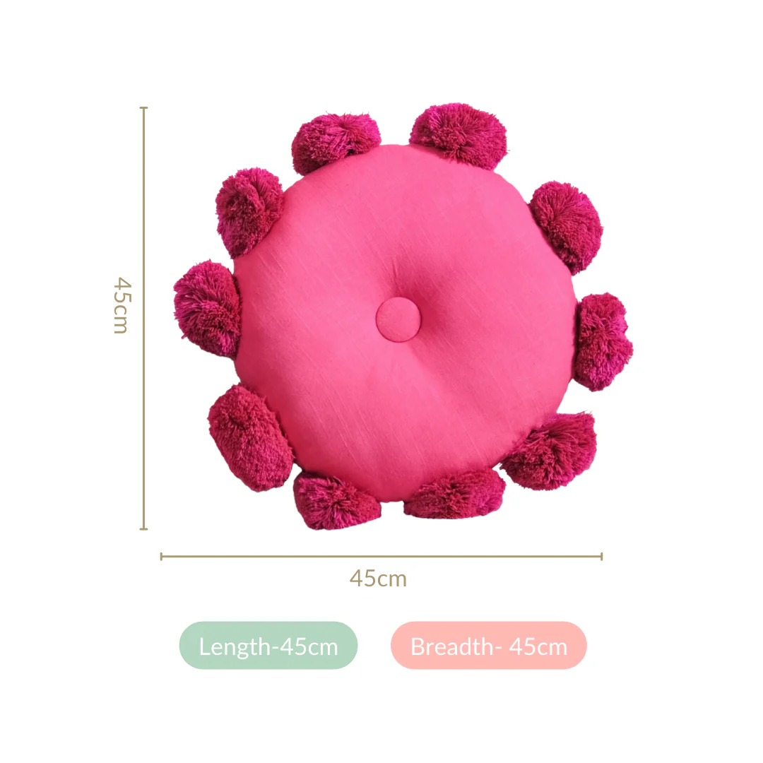 Pink Round Cushion With Pom Poms 17 Inch - Image 4