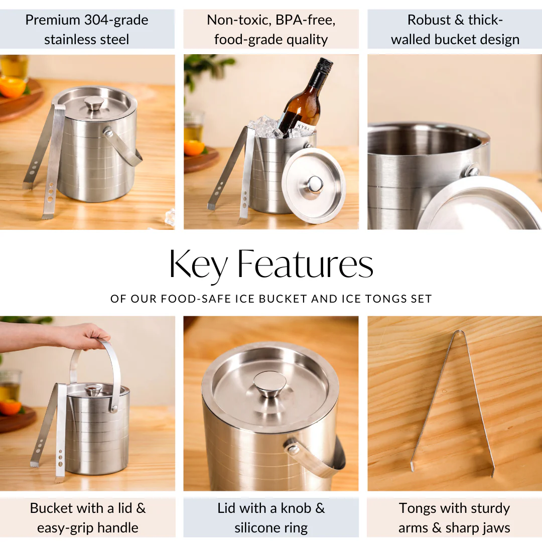 Pinstripe Stainless Steel Ice Bucket With Tongs 2000ml - Image 5