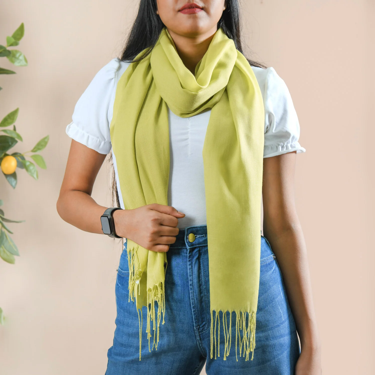 Pistachio Green Ladies Scarf With Fringes - Image 2