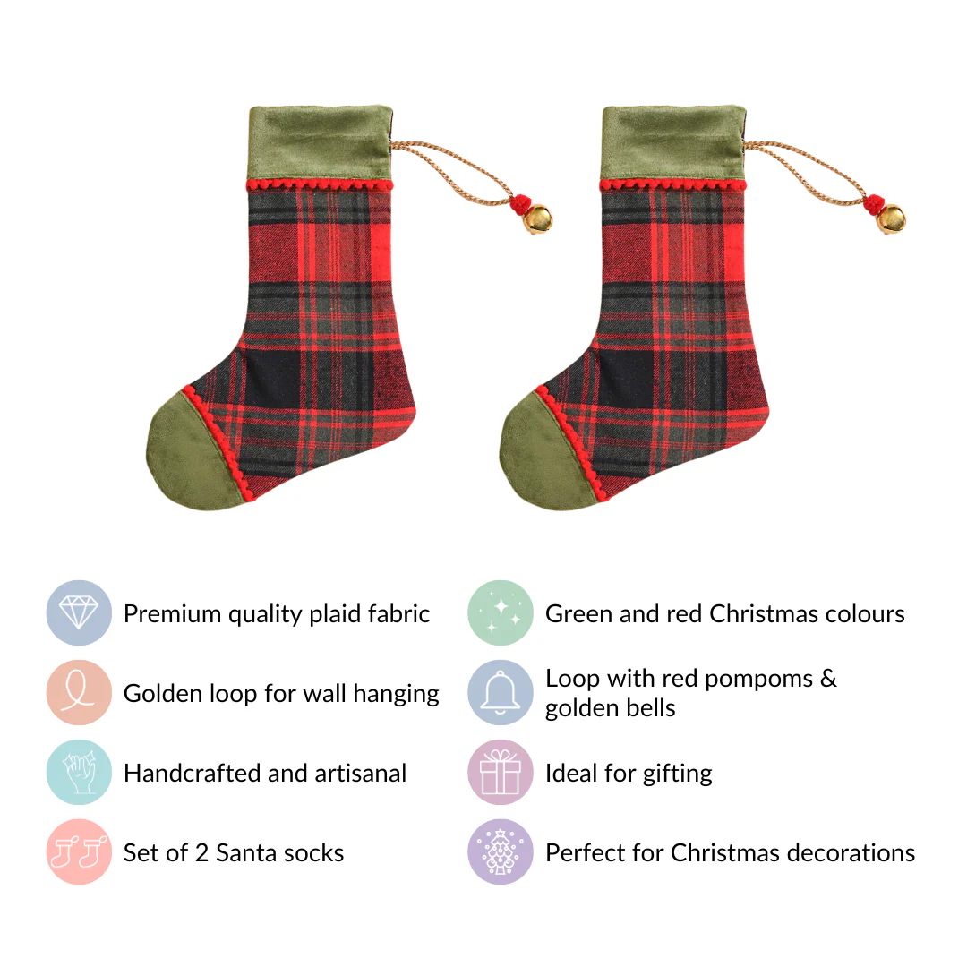 Plaid Bell Santa Stockings Set Of 2 - Image 4