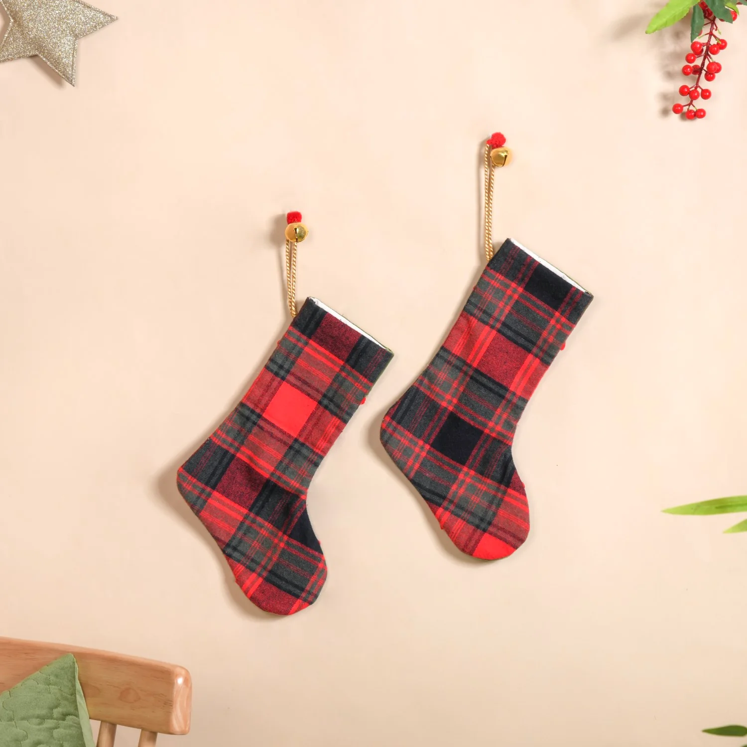 Plaid Bell Santa Stockings Set Of 2 - Image 9