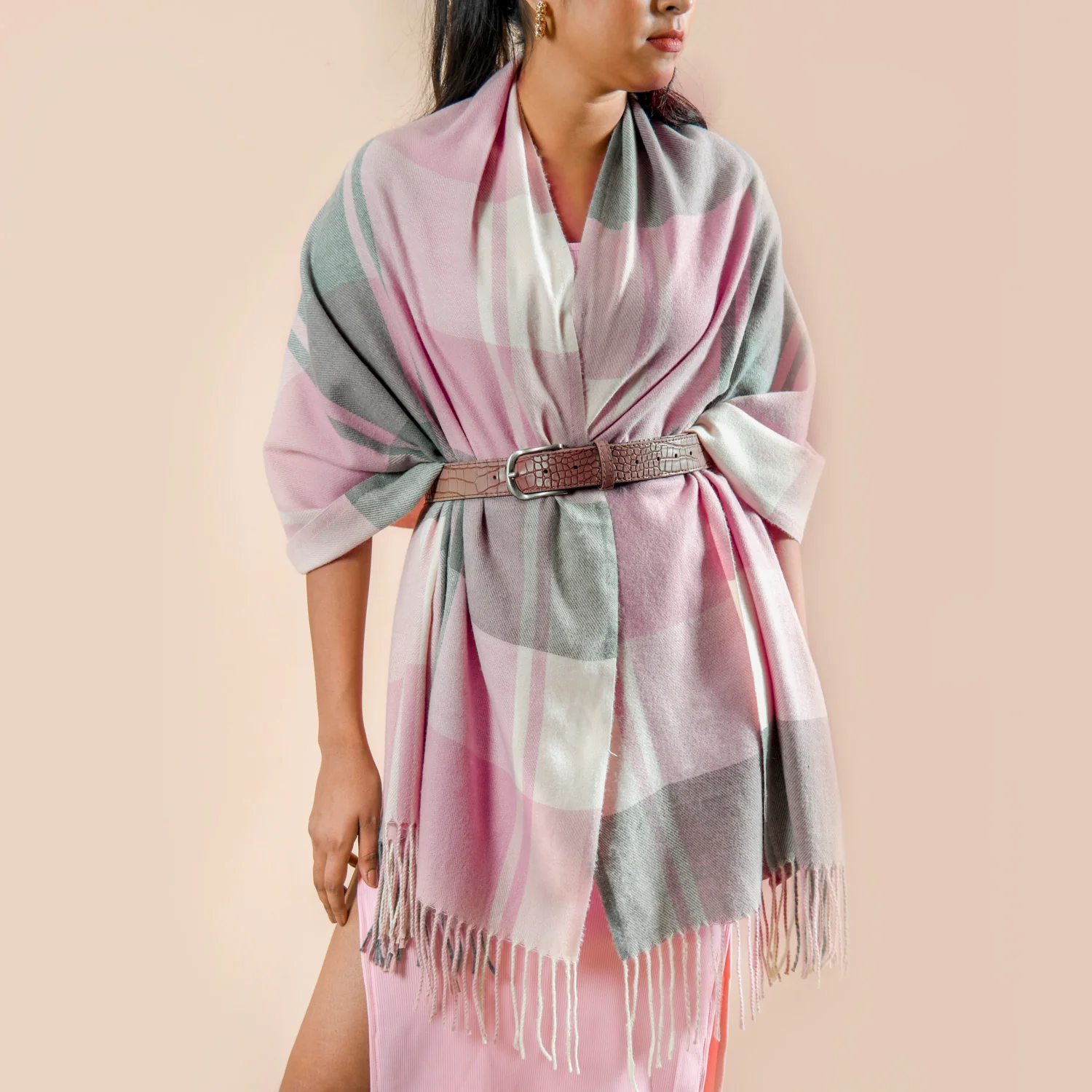 Plaid Pink And Grey Blanket Scarf - Image 2