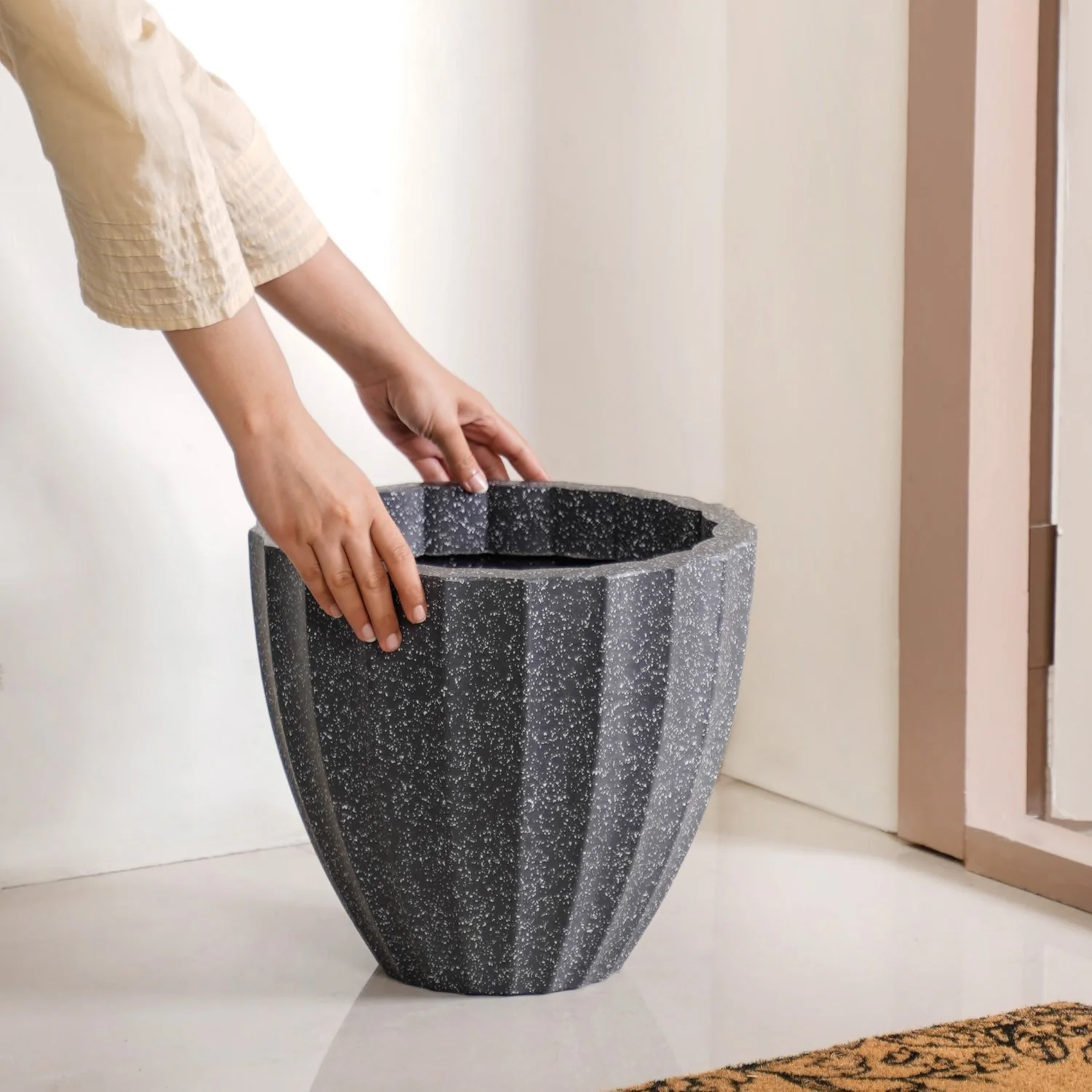 Planterra Ribbed Black Planting Pot 12x12 Inch - Image 3
