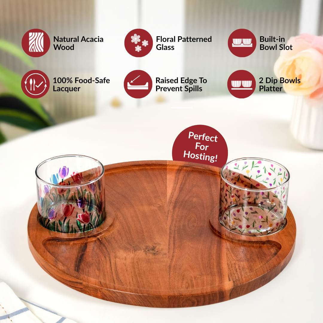 Platterazzi Round Acacia Platter Tray With Floral Bowl Set Of 3 - Image 2