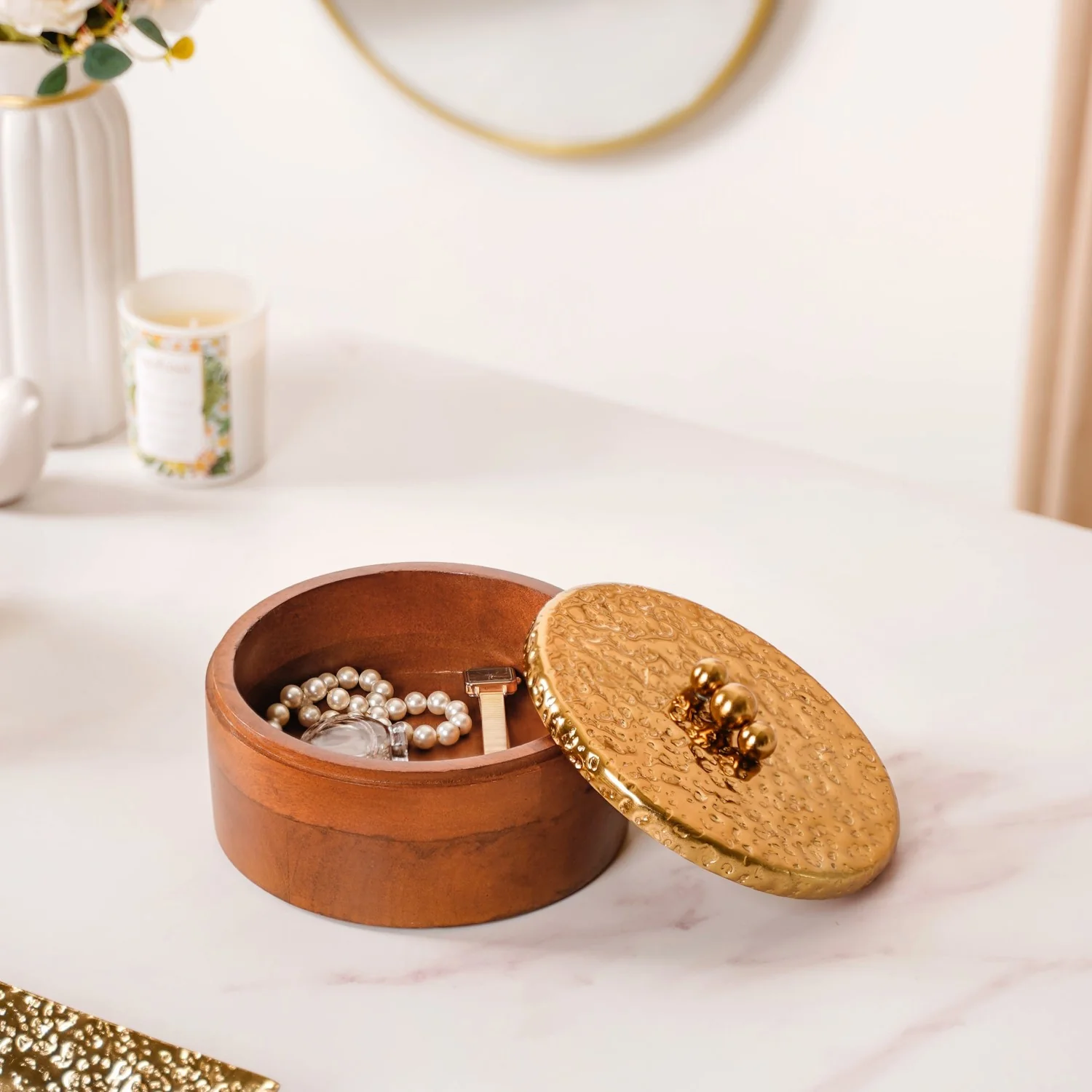 Polished Wood Round Decorative Box With Metal Lid 6 Inch - Image 8