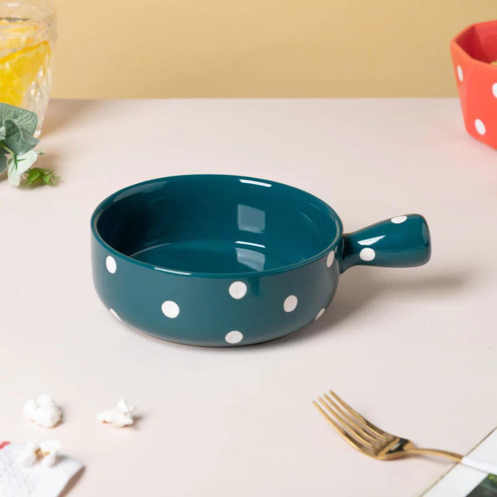 Polka Dots Ceramic Bowl With Handle Green 500ml - Image 6