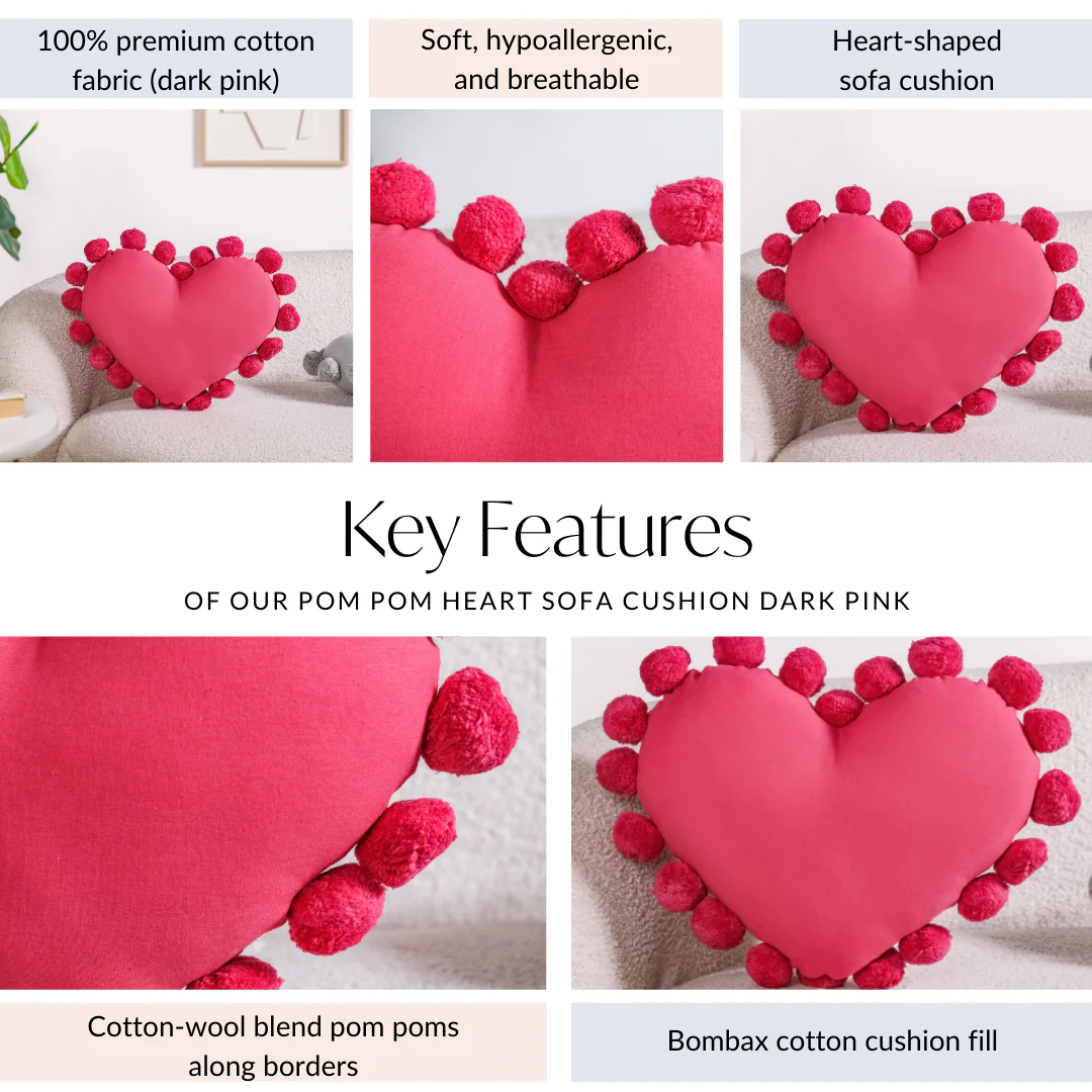 Pom Pom Heart Sofa Cushion Dark Pink 40x35cm - Image 4