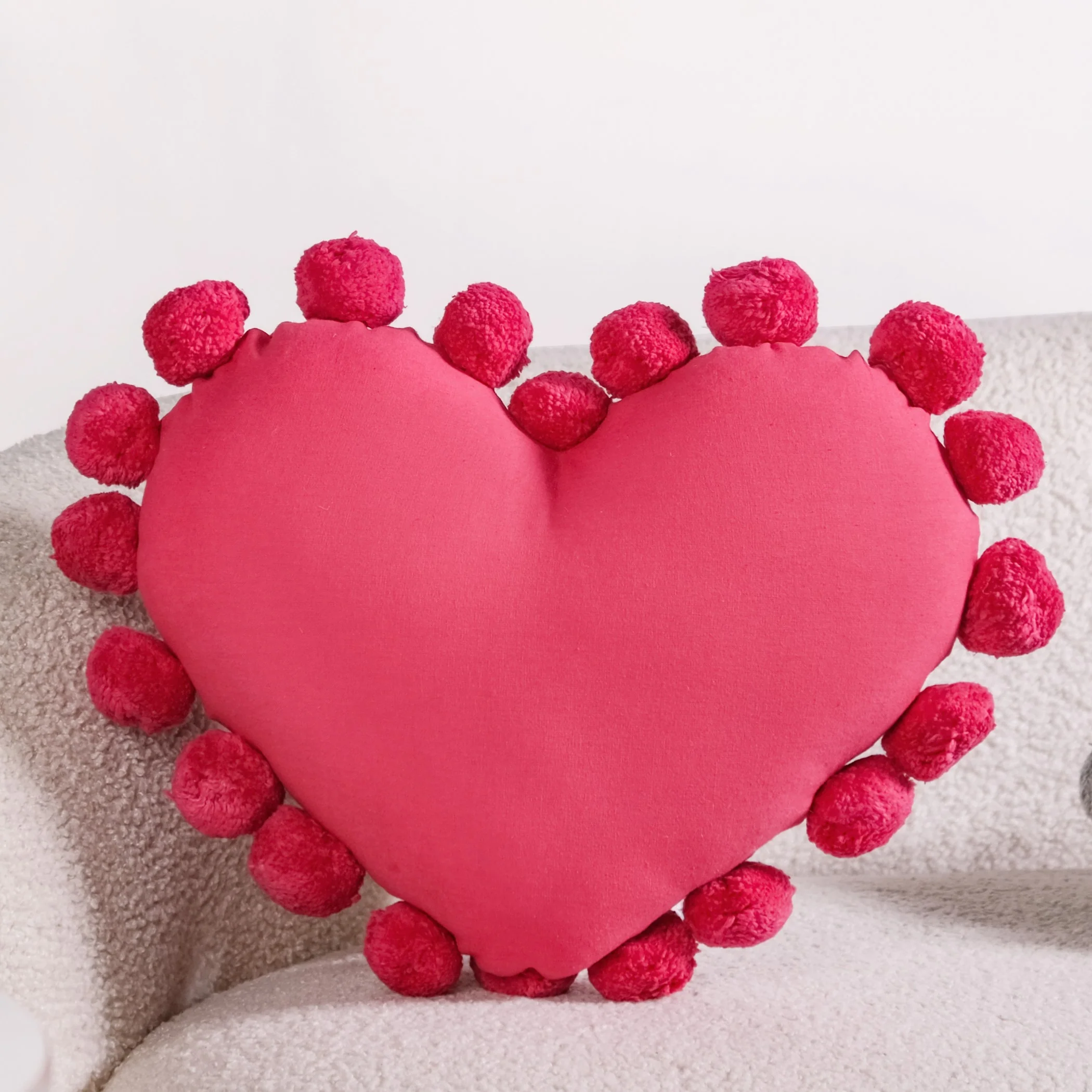 Pom Pom Heart Sofa Cushion Dark Pink 40x35cm - Image 6