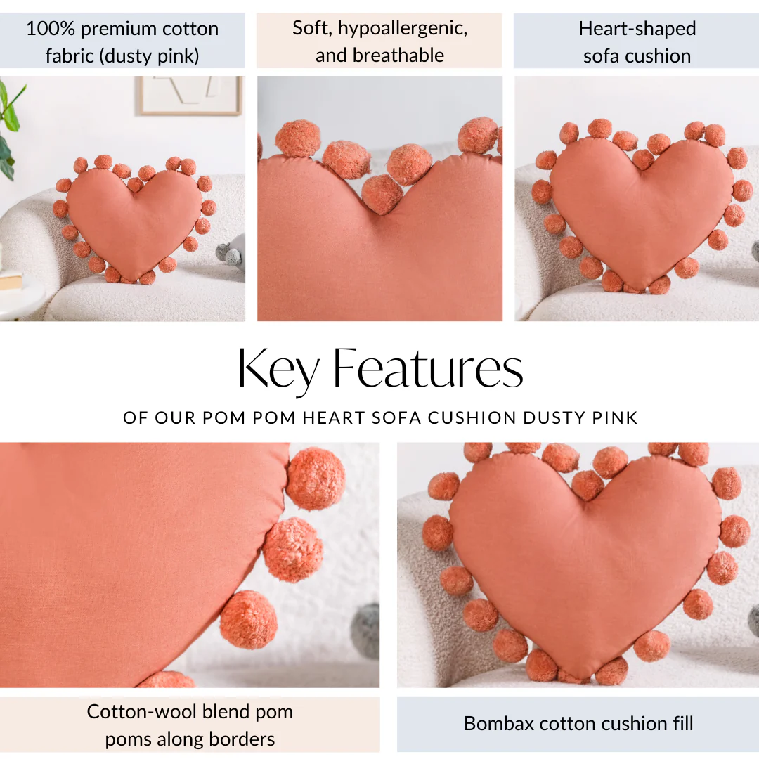 Pom Pom Heart Sofa Cushion Dusty Pink 40x35cm - Image 4