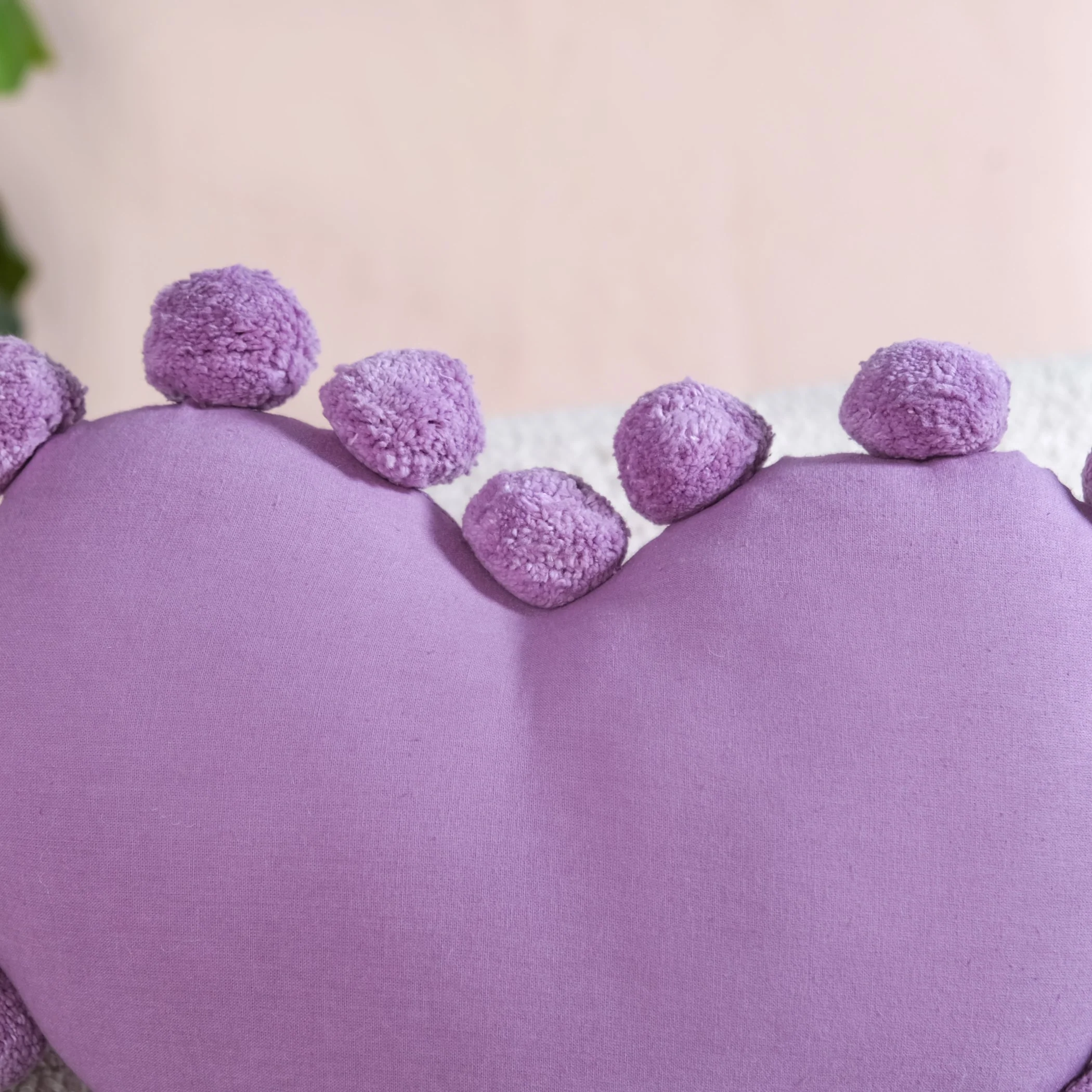 Pom Pom Heart Sofa Cushion Purple 40x35cm - Image 2