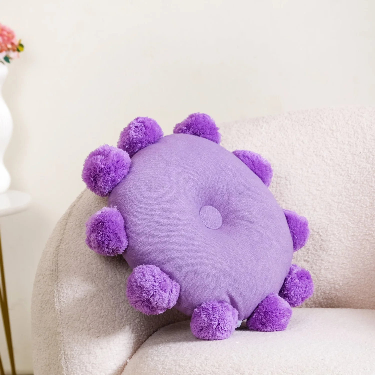 Pom Pom Round Sofa Cushion Purple 17 Inch - Image 2