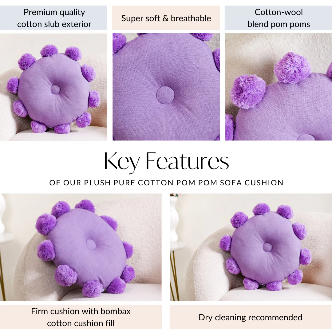 Pom Pom Round Sofa Cushion Purple 17 Inch - Image 5